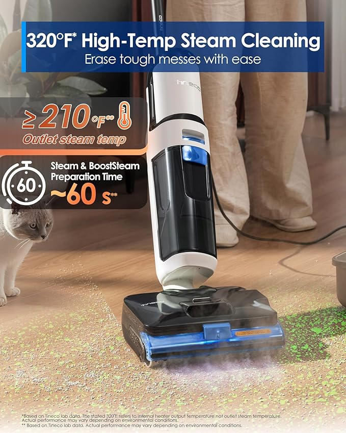 Tineco Corded 3-in-1 Wet Dry Vacuum Mop with Steam Function FLOOR ONE S6 Stretch Steam Tineco BoostSteam 320℉ High-temp Steam Cleaning 180° Lay-Flat Anti-Tangle Design One-Touch Self-Cleaning