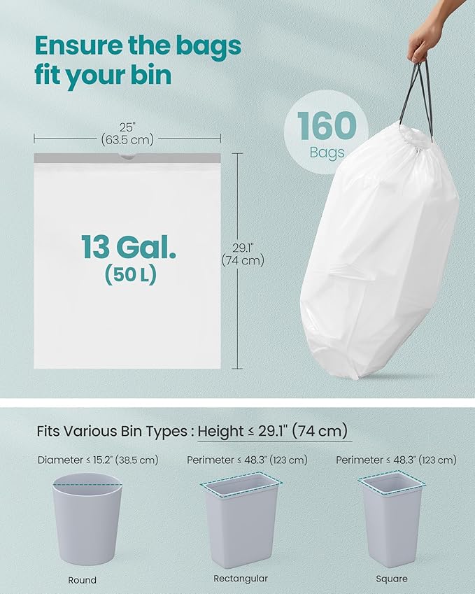 SONGMICS Trash Bags for 13-Gallon (50 L) Trash Cans Drawstring Kitchen Garbage Bags Pre-Separated Quick-Dispense Box Liner Code K 4 Rolls 160 Count White UKRB051A04
