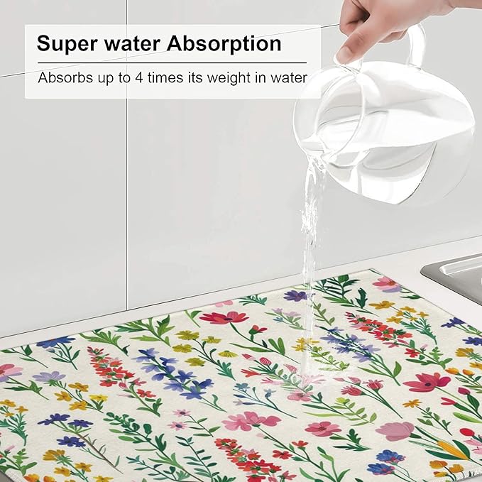Watercolor Wildflower Dish Drying Mat for Kitchen Counter 18x24 Microfiber Absorbent Fast Dry Mat 2Pcs Dish Mat Faucet Mats Sets Large Drying Kitchen Mat Kitchen Drying Pad Coffee Bar Decor Gifts