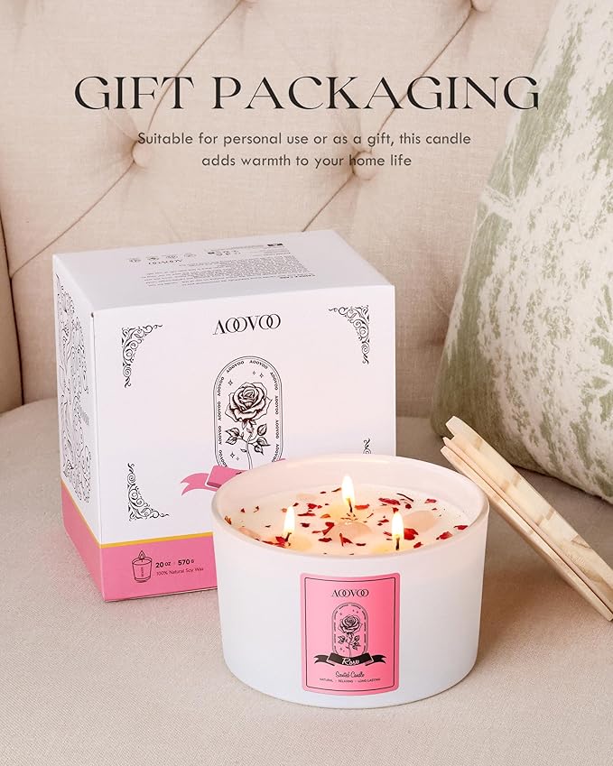 AOOVOO Rose Scented Candles for Women - 20oz 3 Wick Soy Candles for Home Scented Aromatherapy Candle with Crystals Inside Birthday Gifts Valentines Day Candle for Women Mom