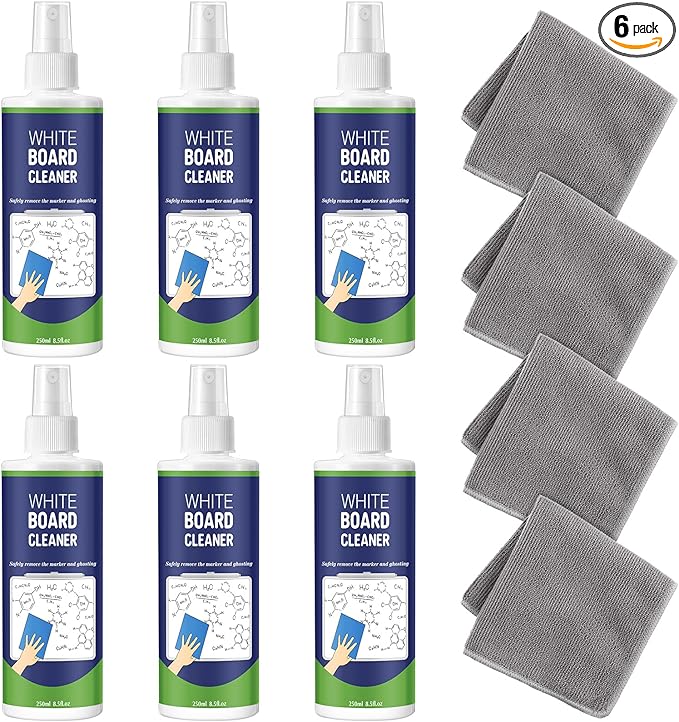 6 Pack Whiteboard Cleaner Spray 8.5oz Dry Erase Board Cleaner with 4 Cloths Non Toxic Dry Erase Cleaner Removes Stubborn Marks from Whiteboards