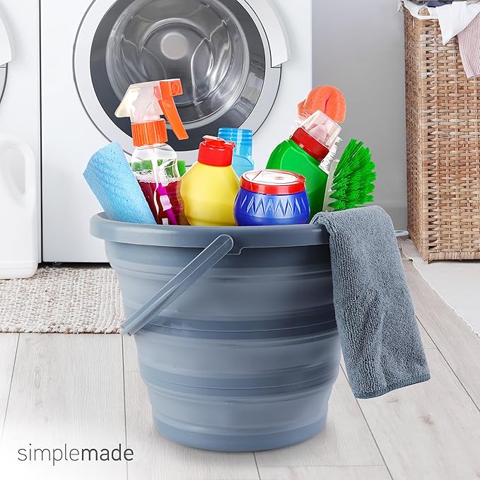 SIMPLEMADE Collapsible Bucket Cleaning Set - Includes 2 Foldable Buckets Spray Bottle Rag Scrubbing Brush and Sponge - Holds Up to 10 liters Easy Storage All-Purpose Cleaning Solution