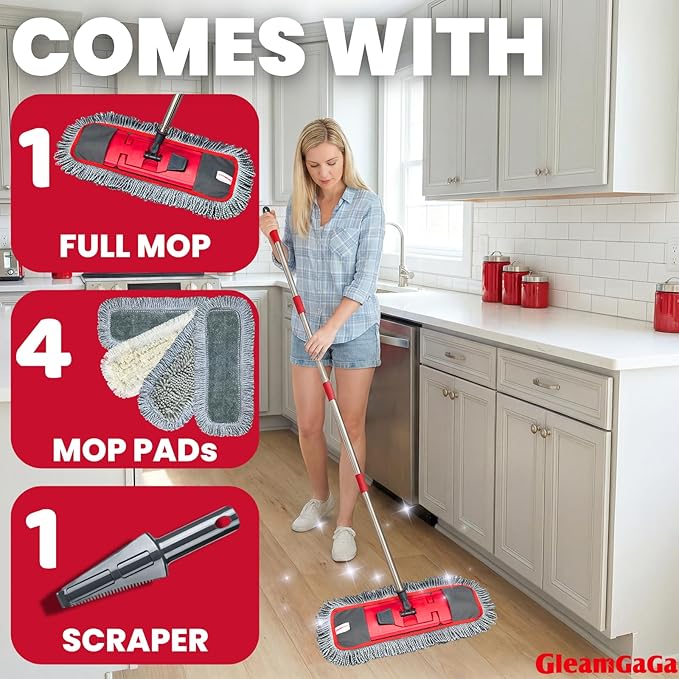 Dust Mop for Floor Cleaning with 4-in-1 Washable Pad System Wet &amp Dry Multi-Purpose Mop with Built-In Scraper and Extra-Long 62'' Stainless Steel Handle for HardwoodVinylLaminateTileMarble Fl