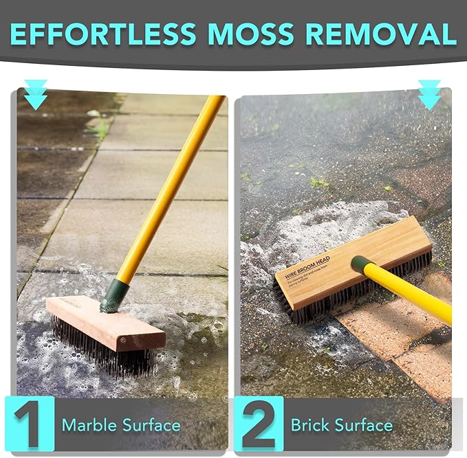 3-in-1 Wire Broom &amp Garden Brush Set – Adjustable 81-140cm Telescopic Handle with Nylon Wire and Gap Brushes for Weeding Moss &amp Algae Removal Patio Cleaning Outdoor Scrubbing