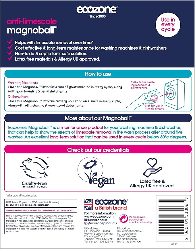 EcoZone Magnoball Anti-Limescale Device for Dishwashers &amp Washing Machines Reusable Magnetic Limescale Remover &amp Descaler Drum &amp Interior Cleaner Vegan &amp Non Toxic Scientifically P