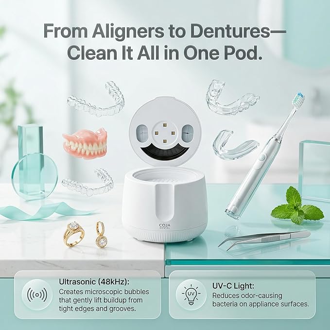 Retainer Cleaner Machine Pod PRO | 48kHz Ultrasonic Dental Pod for Mouthguard Dentures &amp Aligners | UV Light | 3 Cleaning Modes | Tablets Included
