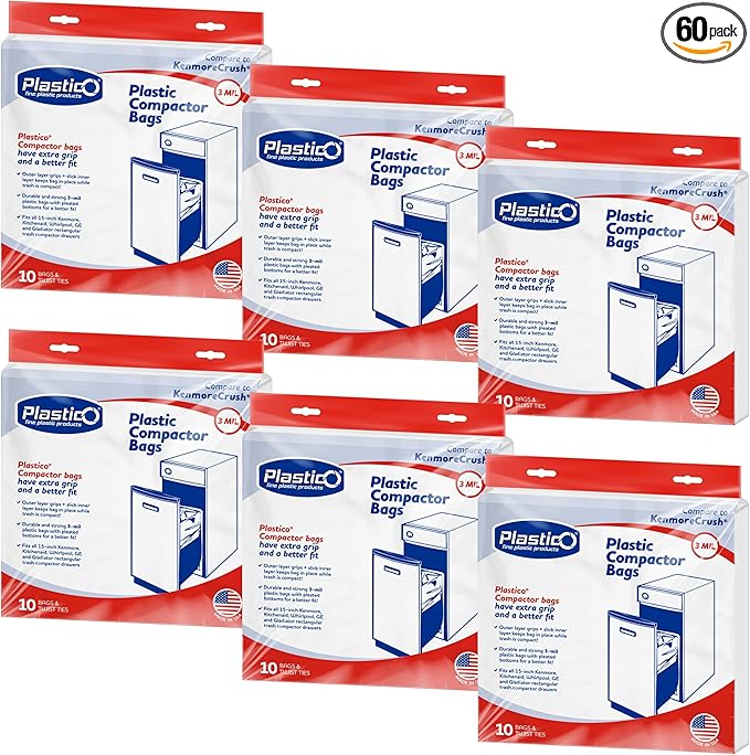 Plastico Compactor Bags for 15” Rectangular Trash Compactors 60 Bags + 60 Twist Ties Heavy Duty 3 Mil Thick Plastic 18 Gallon Pre-Punched Holes for Easy Attachment Strong &amp Flexible Crushing