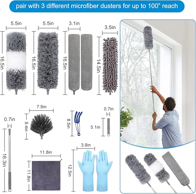 Microfiber Extendable Feather Duster (11pcs) with 100 Extension Pole Washable Reusable Bendable Dusters for Cleaning Ceiling Fan High Ceiling TV Blinds Cars