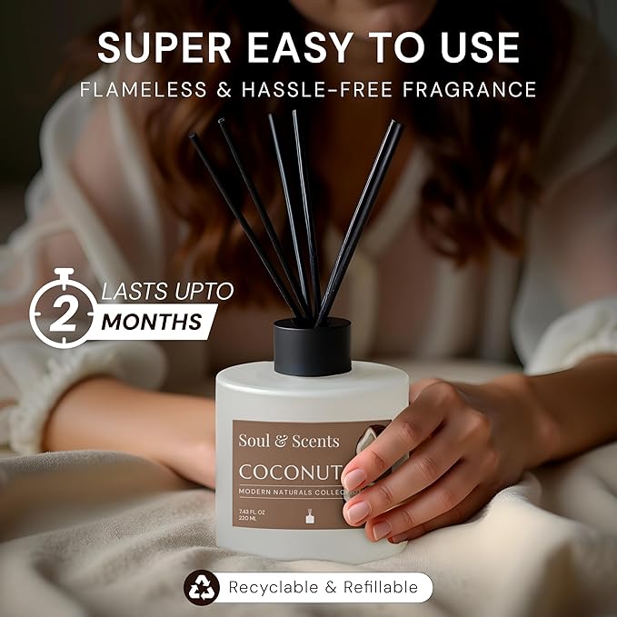 Soul &amp Scents Reed Diffuser Set – Coconut | 7.43 oz Refillable Scented Oil with 6 Fiber Sticks | Long-Lasting Home Fragrance &amp Air Freshener for Bedroom Bathroom Office | Gift &amp Décor Pi