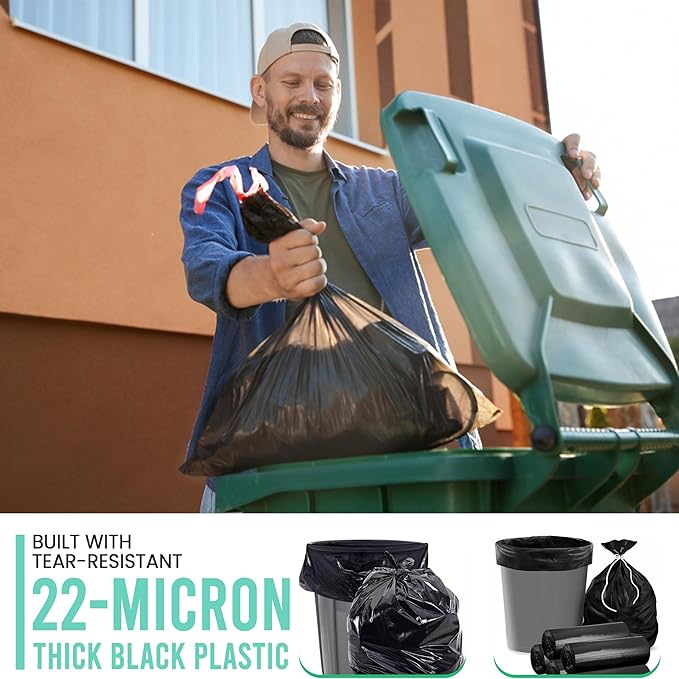 Extra Large 55-60 Gallon Trash Bags | 22 Micron Thickness - 150 Count Heavy Duty Black Garbage Bags for Office Lawn Events and More | Durable Leakproof Star Seal | Made in USA