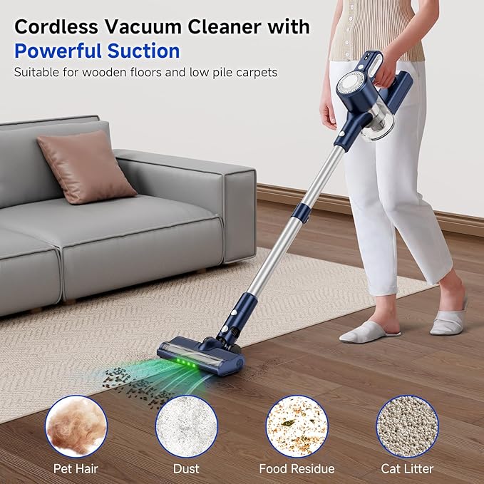 Cordless Vacuum Cleaner for Home: 6-in-1 Stick Vacuum with Powerful Suction Rechargeable Anti-Tangle Pet Hair Brush Self-Standing Green LED Headlight Vacuum for Carpet &amp Hardwood Floors-Dark B