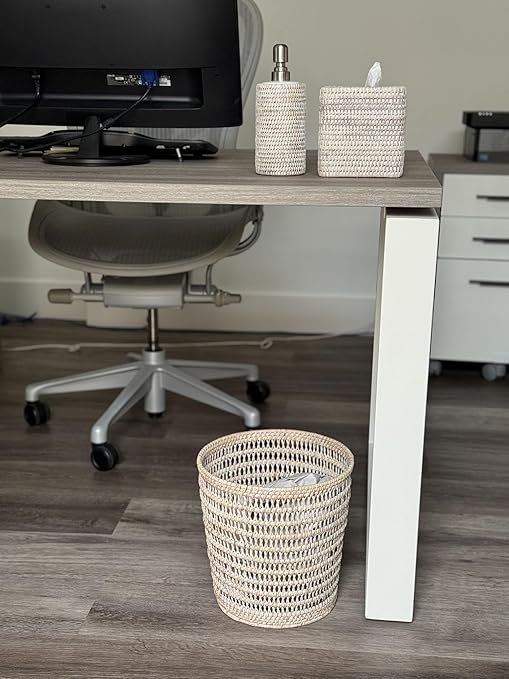 Kouboo La Jolla Rattan Mesh Waste Basket – Round Trash Can for Bathroom Bedroom Office – Boho Wicker Bathroom Storage Small Garbage Bin for Home Decor &amp Storage Basket White Wash
