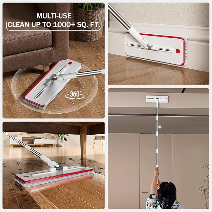 Mop and Bucket Set 3-Tank Flat Mop and Bucket System for Separate Dirty &amp Clean Water 65 Mops for Floor Cleaning with 4 Washable Pads Safe for Hardwood Vinyl Tile Baseboards Walls