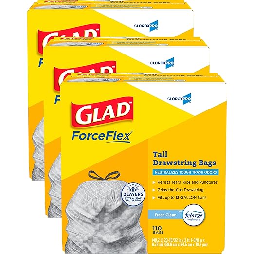 CloroxPro Glad Forceflex Kitchen Trash Bags 13 Gal Fresh Clean 110 Ct Pack of 3 (Pack May Vary)