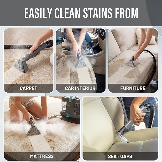 Portable Carpet Cleaner Machine with Steam and Heating Techology18Kpa Powerful Suction with Versatile Tools for Pets CouchSpot Cleaner for Stairs/Furniture/Rug(Gray)(AC0201)