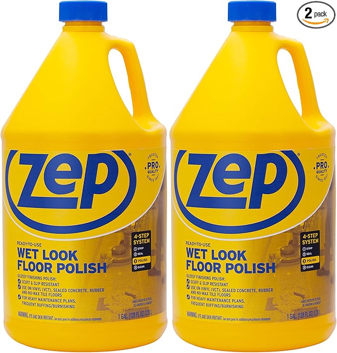 Zep Wet Look Floor Polish - 1 Gallon (Case of 2) ECZUWLFF1282 - Long Lasting Glossy Finishing Polish Scuff &amp Slip Resistant for Vinyl (VCT) Sealed Concrete Rubber and No-Wax Tile Floors