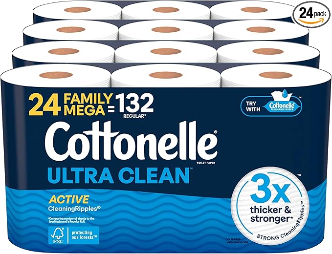 Cottonelle Ultra Clean Toilet Paper with Active CleaningRipples Texture 1-Ply Strong Bath Tissue 24 Family Mega Rolls = 132 Regular (4 Packs of 6) White