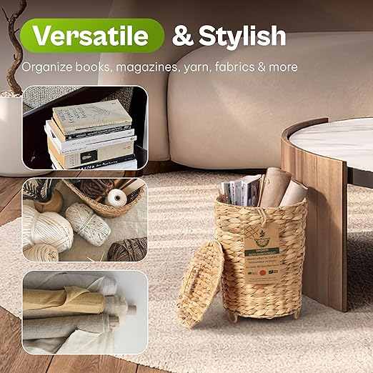 Handwoven Water Hyacinth Trash Can Set (2-Pack) 1.4 &amp 2.9 Gallon Wicker Trash Bins with Lid Removable Liner &amp Raised Feet for Bathroom Bedroom Office &amp Small Spaces