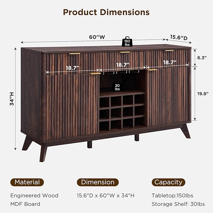 OKD Fluted Wine Bar Cabinet 60 Wide Modern Buffet Sideboard with Ample Storage - 2 Side Cabinets 3 Drawers 4 Glass Holders &amp 12 Wine Racks Coffee Bar Cabinet for Kitchen Dining Room Dark Wa