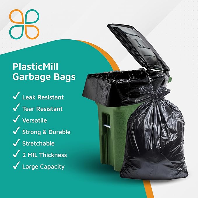 PlasticMill Heavy Duty Trash Bags - Black Garbage Bags - Plastic Trash Bags for Large Rolling Trash Bins - Tall Trash Bags - 100-Gallon Large Kitchen Trash Bags 2 Mil 67x79 (10-Count)