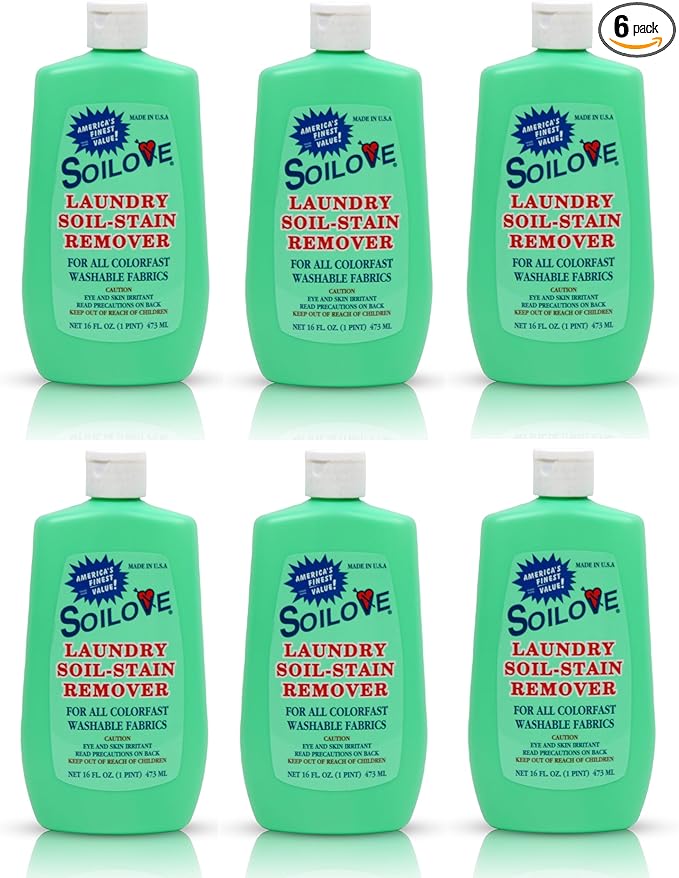 Soilove Laundry Stain Remover Liquid – 6 Bottles (16oz) – Powerful Prewash for Blood Grease Ink Grass Food &amp More – Advanced formula clothes stain remover