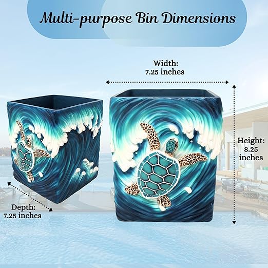 BestGiftEver Sea Turtle Wave Accent Trash Bin - Nautical and Ocean - Inspired Wastebasket - Ideal for Sea and Marine Life Lovers