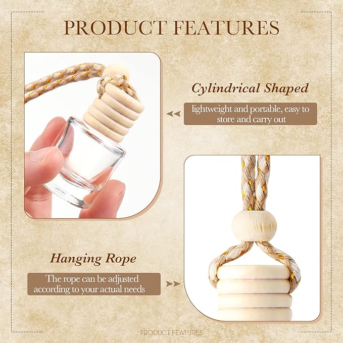 BBTO 50 Pcs Hanging Car Air Freshener Car Diffuser Bottles Empty Glass Perfume Bottle Freshener Diffuser Bottle Pendant for Essential Oil Fragrance Aromatherapy Ornament (Cylinder)