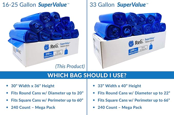 Reli. SuperValue 16-25 Gallon Recycling Bags | 240 Count Bulk | Blue Trash Bags | Commercial Can Liners