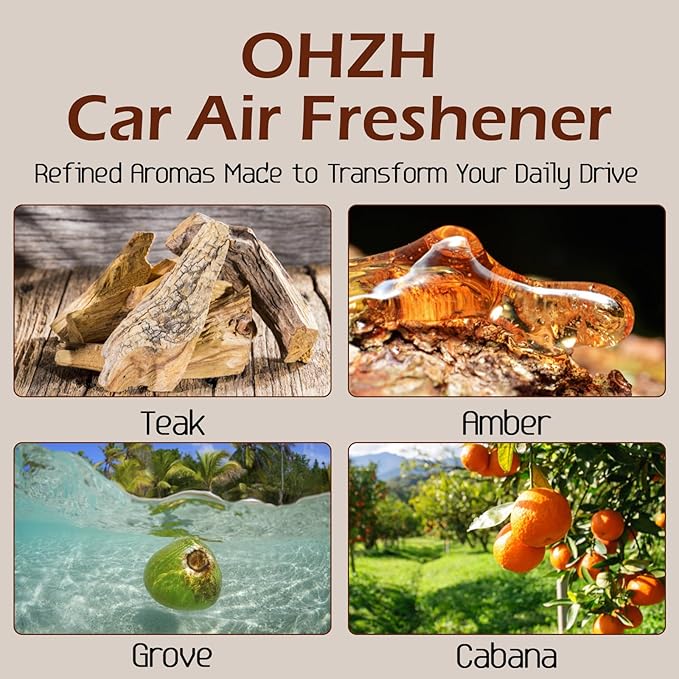 Car Air Freshener-The Original Wood Air Freshener-Car Odor Eliminator for Visor Clip-Long Lasting ScentVehicle Scent Diffuser for Truck &amp SUV-Pack of 4 (Teak-Amber-Cabana-Grove) INCLUDED 2 CLIPS
