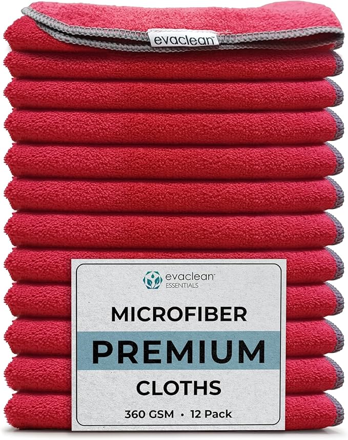 EvaClean Premium Microfiber Cleaning Cloth 16x16 - Reusable Washable Non-Scratch Microfiber Towels for Cleaning Dusting Polishing High Absorbency &amp Durability Red 12-Pack