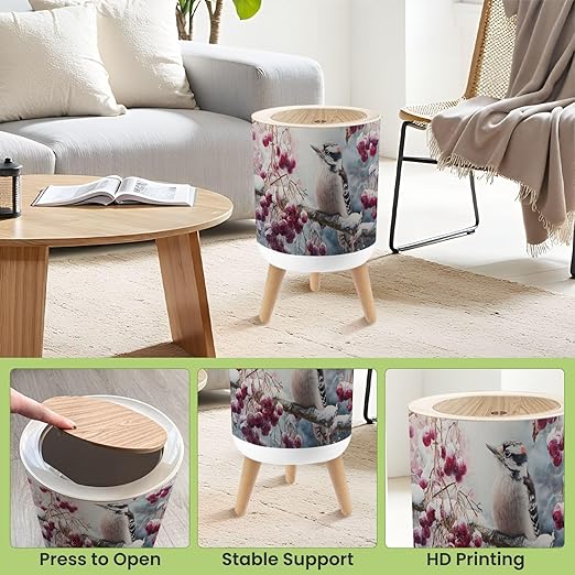 Bathroom Trash Can with Lid Abstract Woodpecker Snowy Cherry Branch Snow Red Berries Winter Garbage Bin Waste Basket for Kitchen Office Bedroom Decoration Diaper Pail 1.8 Gallon