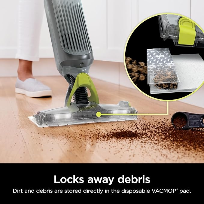 Shark VACMOP Cordless Hard Floor Cleaner Vacuum and Spray Mop Powerful Suction Lightweight LED Headlights Includes 4 Disposable Pads 12oz Multi-Surface Cleaning Solution Gray VM252