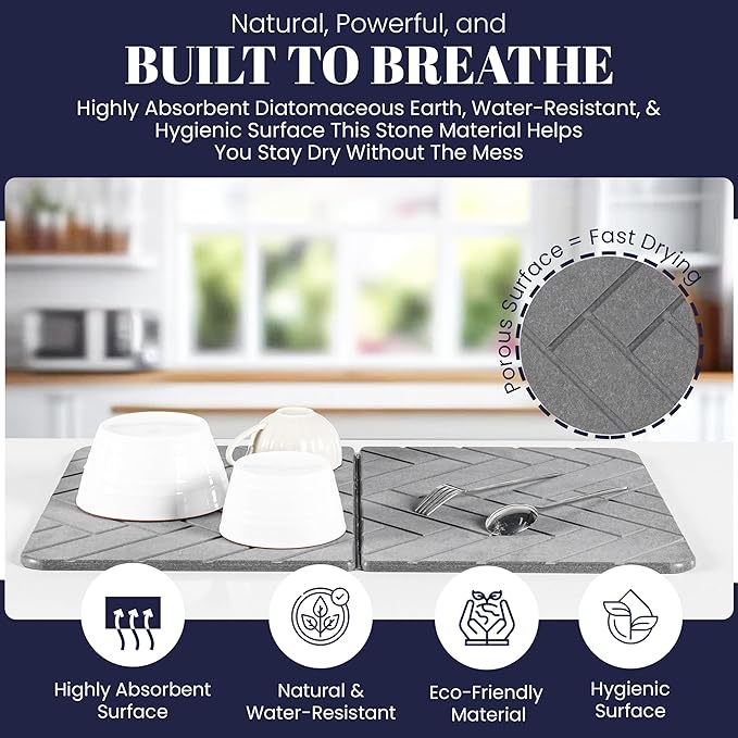 Large Folding Stone Dish Drying Mat for Kitchen Counter – Super Absorbent Diatomite Stone Drying Mat for Dishes Cups &amp Bottles – Quick Dry Space-Saving Multi-Use Kitchen Bath &amp Pet Mat – 2