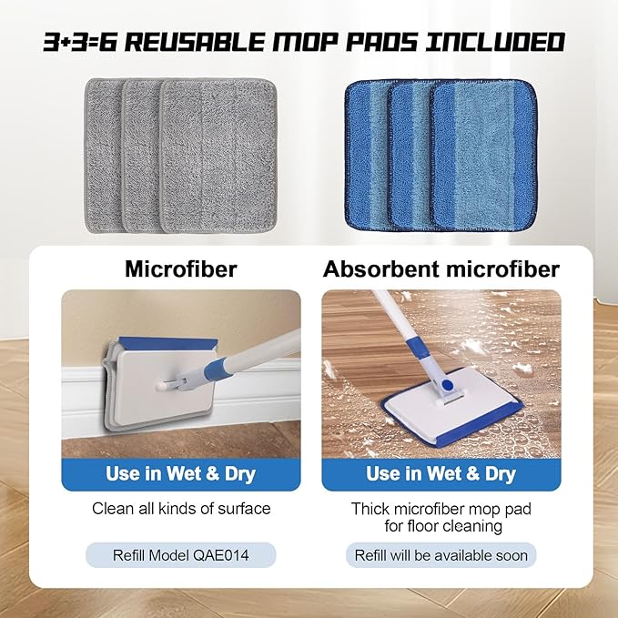 Qaestfy Baseboard Cleaner Tool with Handle Wall Floor Mop with Extendable Long Handle Duster for Cleaning Window Floor Skirting Board Ceiling Shower Tub Tile Kitchen with 6 Reusable Pads