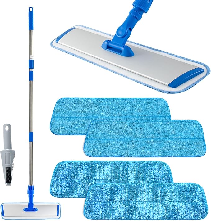 Flat Mop with Stainless Steel Handle Handle Adjustable 3 Sections Splice Microfiber Mop Floor Cleaning 4 Pieces Mops Cloth Wet &amp Dry Pads Wet and Dust Mopping