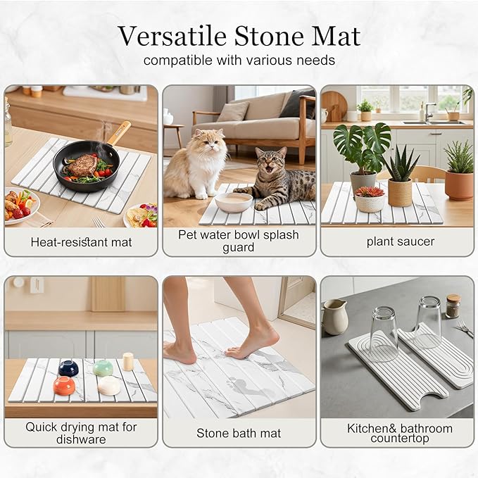 3PCS Set Large Stone Drying Mat for Kitchen Counter Foldable Collapsible Fast Drying Stone Dish Mat Water Absorbing Natural Diatomaceous Earth Bath Mat Quick Dry Stone Tray Bathroom Countertop Marble