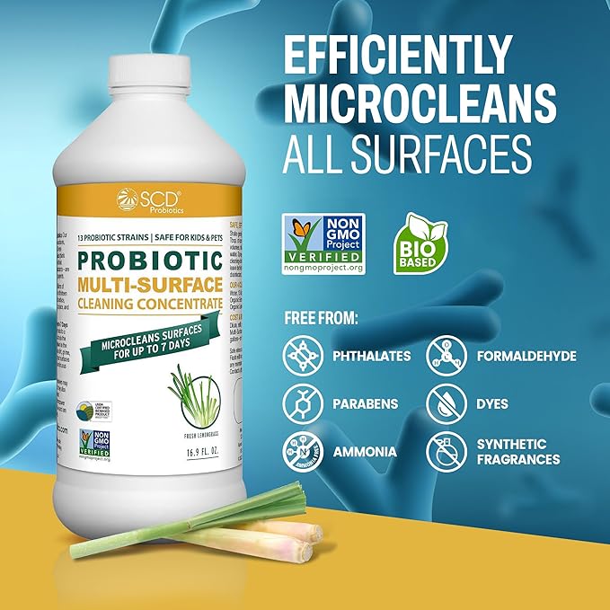Probiotic Multi-Surface Cleaning Concentrate Lemongrass – USDA Certified Biobased Microcleans Surfaces for Up to 7 Days Refill Bottle Makes 2 Gal Probiotic Spray Cleaner – 17 Fl Oz.