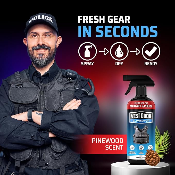Vest Odor Remover Spray – for Police Gear Law Enforcement Accessories &amp Tactical Equipment – Non-Toxic Residue-Free Long-Lasting Fresh Scent – 2 Pack