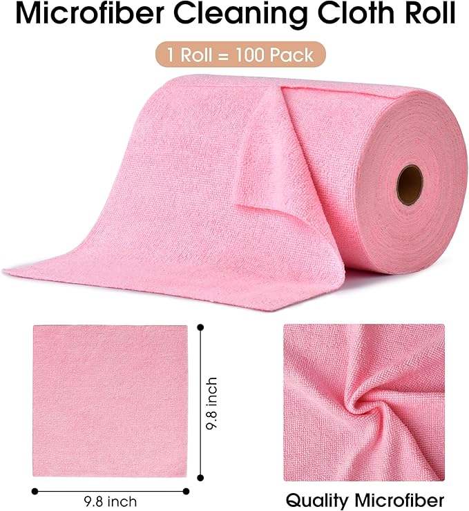 KitchLife Microfiber Cleaning Cloth Roll 100 Pack - Tear-Away Microfiber Paper Towels Lint-Free Reusable Washable for Kitchen Car Dishes and Sensitive Surfaces (Pink)