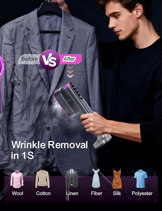 Travel Steamer for Clothes with 2 Water Tanks (180 ml and 100 ml) Fast Heating 24g/min Strong Steam Mini Clothes irons LED Touch Display Dry Ironing 1200W Portable Steamer ＆ Iron 2 In 1 HUISE
