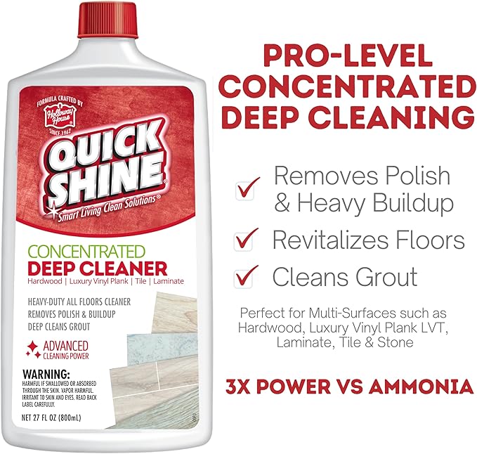 Quick Shine Multi Surface Deep Floor Cleaner and Wax Remover 27oz 6Pk | Removes Wax Build-Up Revitalizes Floors &amp Cleans Grout | Use on Hardwood Laminate LVT Tile and Stone | Pro-Level Cleani