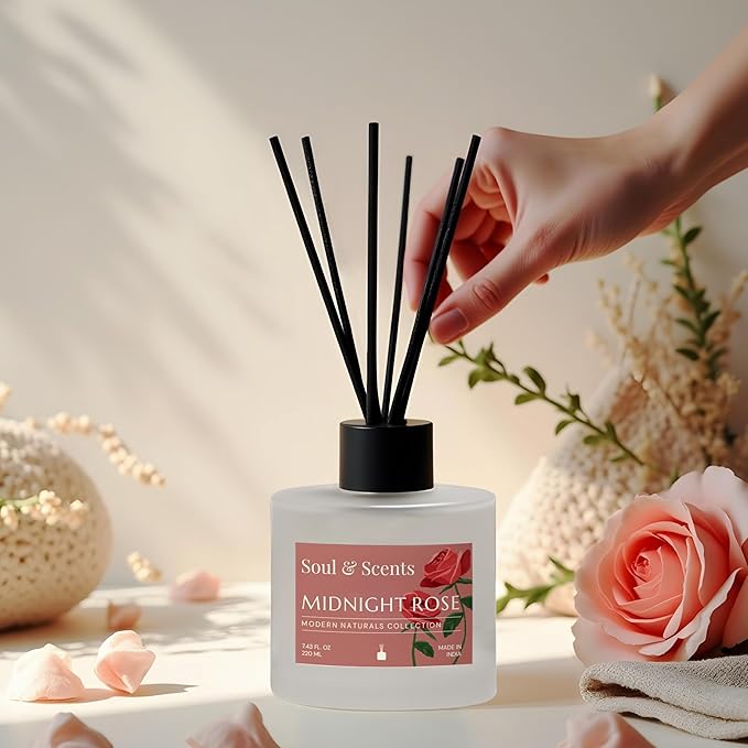 Soul &amp Scents Reed Diffuser Set – Midnight Rose | 7.43 oz Refillable Scented Oil with 6 Fiber Sticks | Long-Lasting Home Fragrance &amp Air Freshener for Bedroom Bathroom Office | Gift &amp Dé