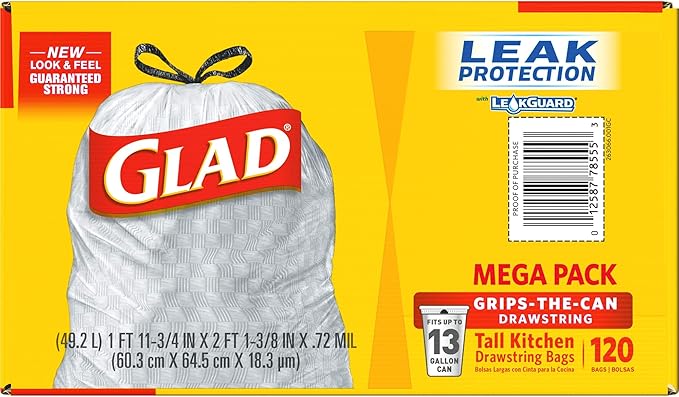 Glad Trash Bags Tall Kitchen Drawstring Garbage Bags White 13 Gallon 120 Bags 3 Packs