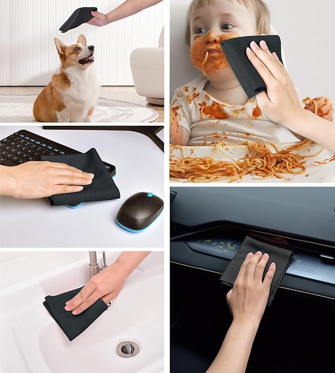 KitchLife Microfiber Cleaning Cloth Roll 100 Pack - Tear-Away Microfiber Paper Towels Lint-Free Reusable Washable for Kitchen Car Dishes and Sensitive Surfaces (Black)