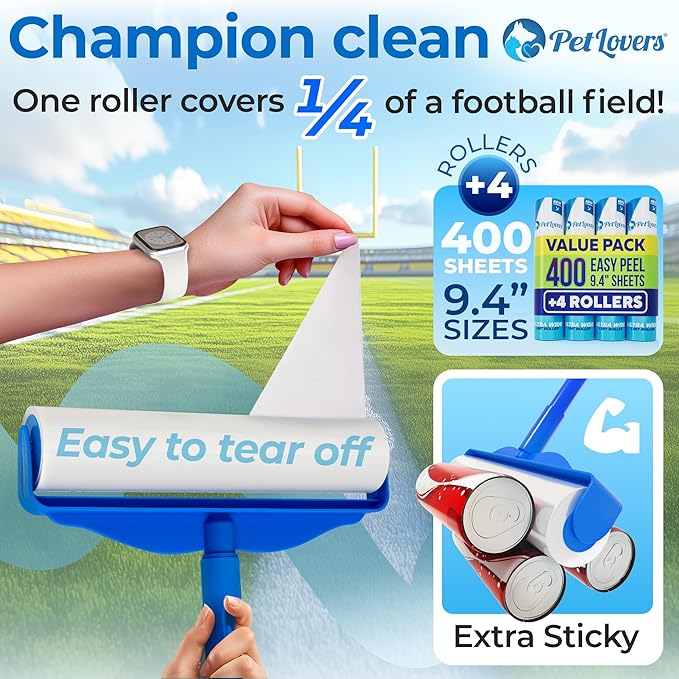 PetLovers Large Lint Roller with 3 Refills – 400 Total Sheets for Tackling Pet Hair Extra Large Floor and Carpet Roller for Homes with Pets Perfect for Floors Furniture and Loving Pet Owners