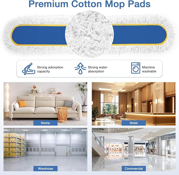 48 Commercial Industrial Dust Mop for Floor Cleaning Large Floor Dust Broom with Washable Mops Pads Wet Dry Duster Mops for Hardwood FloorsMarble Laminate Tile Concrete GarageBlue