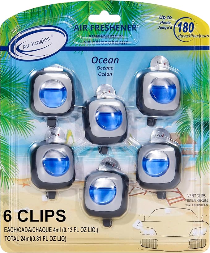 Air Jungles Home &amp Car Essentials Bundle – Ocean Scent Odor Eliminator Balls (6 Count) Car Vent Clips (6 Pack) and Flushable Wipes (6 Packs 300 Wipes) – Air Freshener &amp Cleansing Set