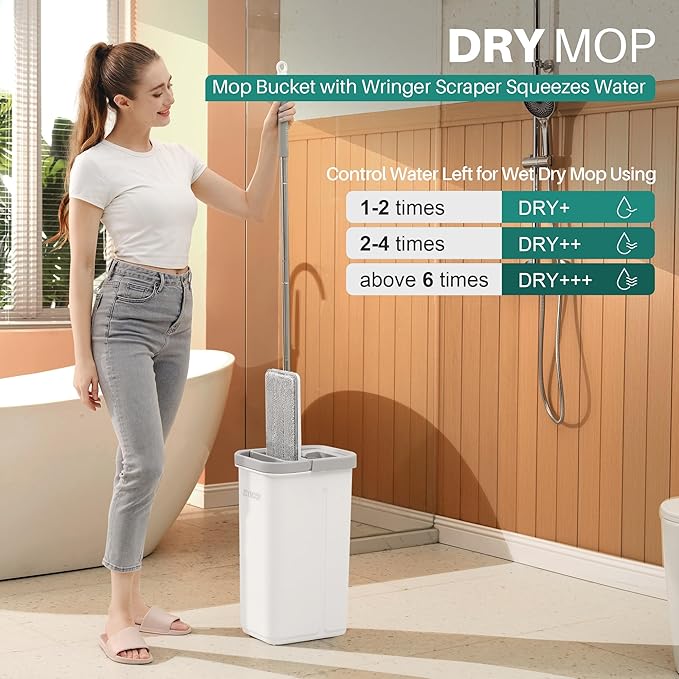 JOYMOOP Microfiber Flat Mop and Bucket System Mops for Floor Cleaning and Wall Cleaner Hardwood Tile Laminate Vinyl Floors Smooth Walls and Glass Windows - 50 Flat Mop+1 Microfiber Pad[White]