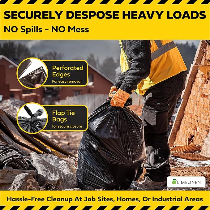 Lime Linen 60 Gallon Heavy Duty Contractor Xl Black Garbage Bags | Industrial Construction &amp Yard Waste | Tear Resistant | 40 Pack Extra Thick 2.5 Mil Tie Bags Interleaved On Roll Secure Closu