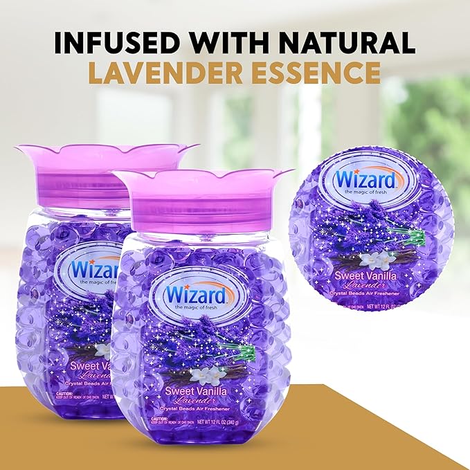 WIZARD Odor Eliminator Gel Beads - 12 oz Pack of 12 - Air Freshners For Bathroom. Rooms Per Areas and Car Freshner (VANILLA LAVENDER)
